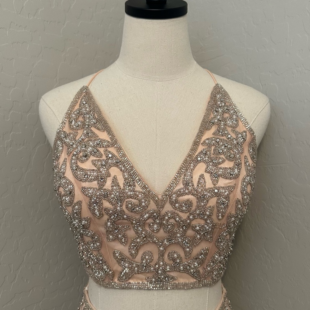 NEW PRIMAVERA BLUSH SZ 4 BEADED TWO PIECE TIE BACK FORMAL COCKTAIL DRESS - Picture 3 of 16